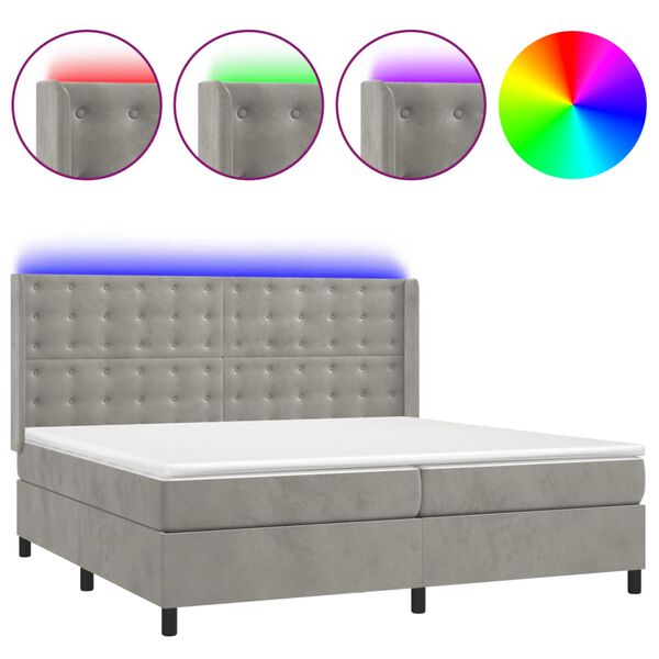vidaXL Letto a Molle Materasso e LED Grigio Chiaro 200x200 cm Velluto