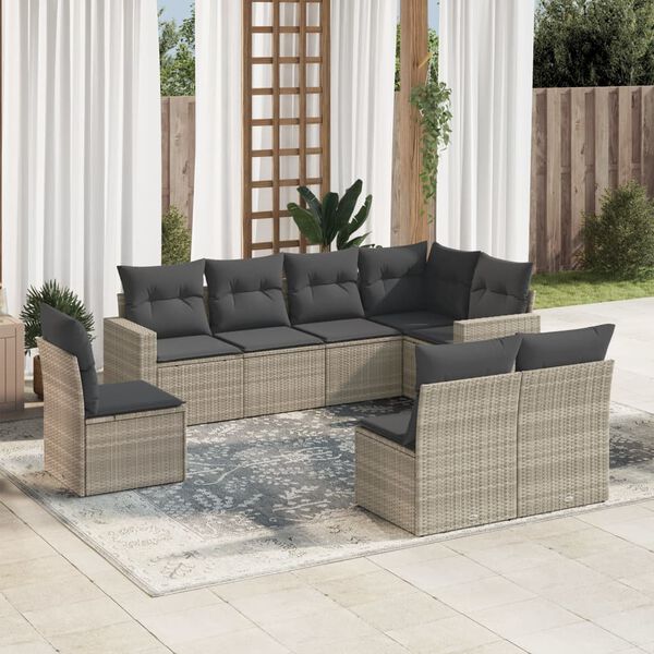 vidaXL Set Divano da Giardino 8pz con Cuscini Grigio Chiaro Polyrattan