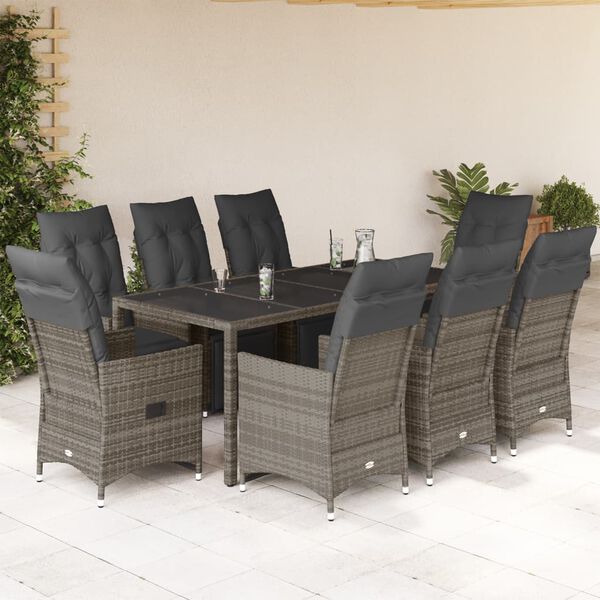 vidaXL Set Bistr&ograve; da Giardino 9 pz con Cuscini in Polyrattan Grigio