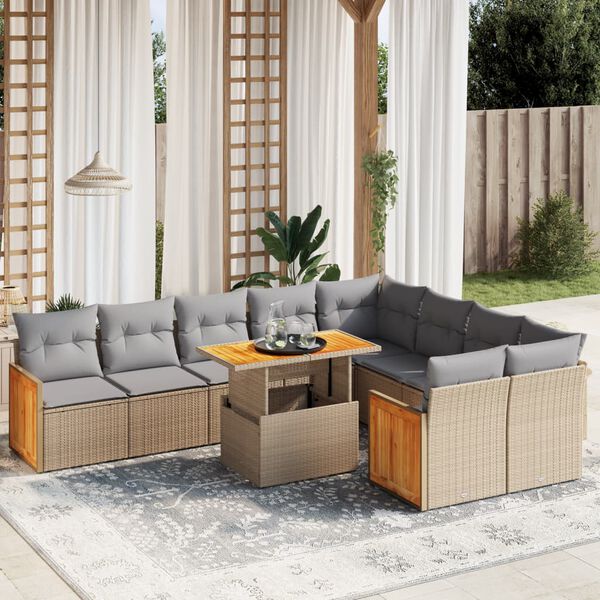 vidaXL Set Divano da Giardino 10 pz con Cuscini Beige in Polyrattan