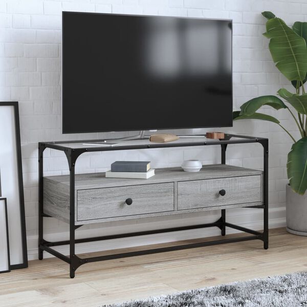 vidaXL Mobile TV Piano Vetro Grigio Sonoma 98x35x51 Legno Multistrato