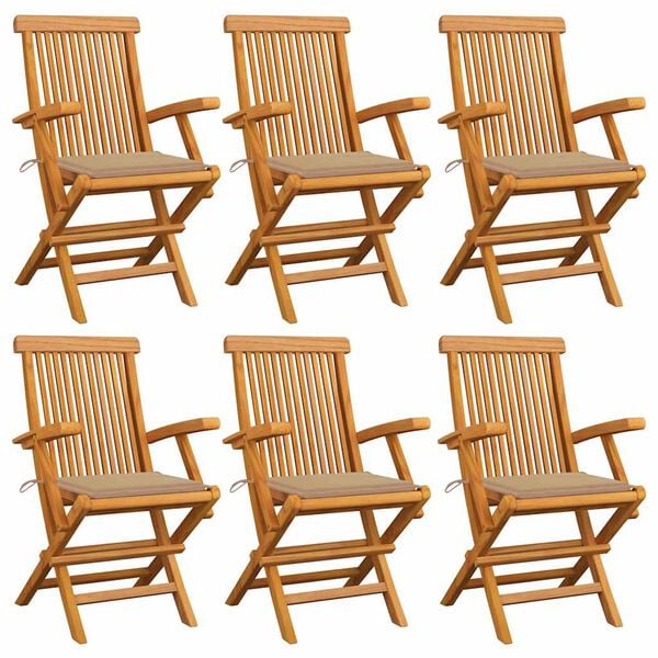 vidaXL Sedie da Giardino con Cuscini Beige 6pz Legno Massello di Teak