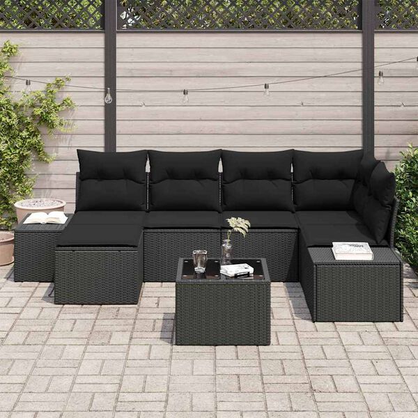 vidaXL Set Divano da Giardino con cuscino 7 pcs Nero polyrattan