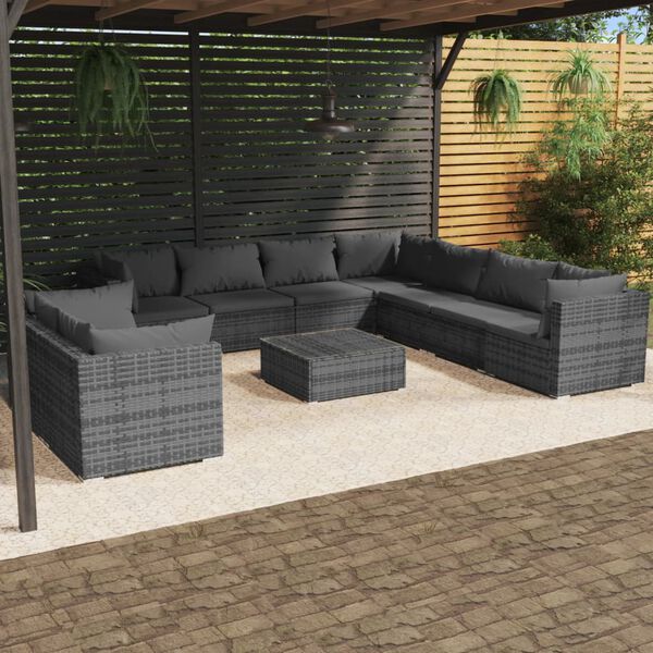 vidaXL Set Divani da Giardino 10 pz con Cuscini in Polyrattan Grigio