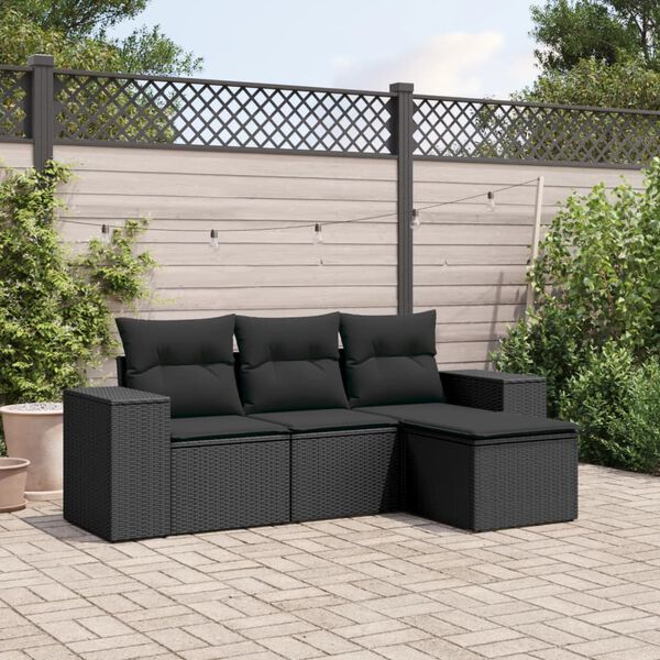 vidaXL Set Divani da Giardino 4 pz con Cuscini Nero in Polyrattan
