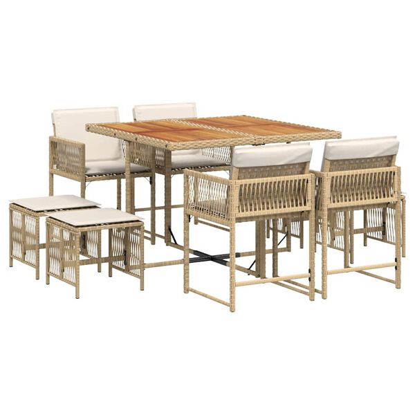 vidaXL Set da Pranzo da Giardino 9 pz con Cuscini Beige in Polyrattan