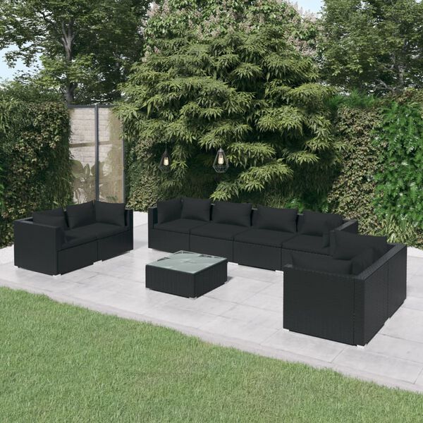 vidaXL Set Divani da Giardino 9 pz con Cuscini in Polyrattan Nero