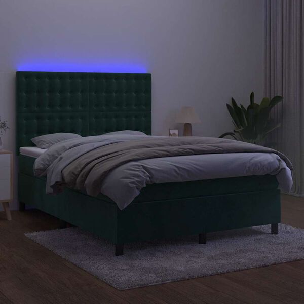 vidaXL Letto a Molle con Materasso e LED Verde Scuro 140x190cm Velluto