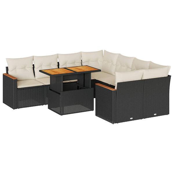 vidaXL Set Divani da Giardino 9 pz con Cuscini Nero Polyrattan Acacia
