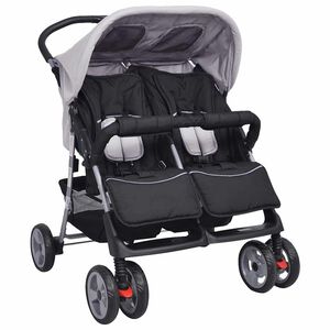 vidaXL Passeggino Gemellare in Acciaio Grigio e Nero