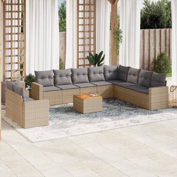 vidaXL Set Divano da Giardino 11 pz con Cuscini Beige Misto Polyrattan