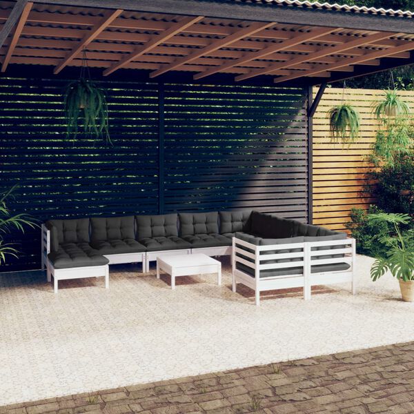 vidaXL Set Divani da Giardino 11 pz con Cuscini Legno di Pino Bianco