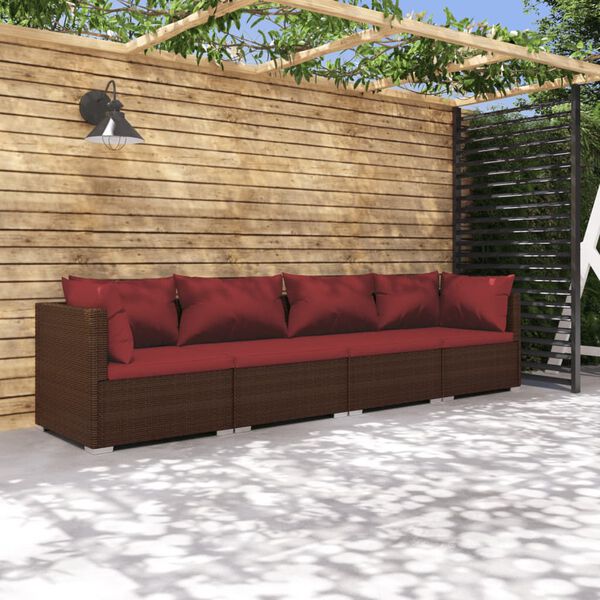 vidaXL Set Divani da Giardino 4 pz con Cuscini in Polyrattan Marrone
