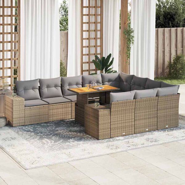 vidaXL Divano da Giardino 10 pz con Cuscini Beige in Polyrattan Acacia