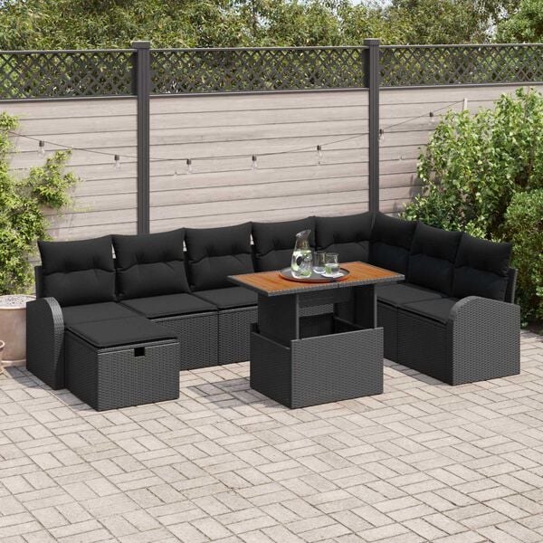 vidaXL Set Divano da Giardino con cuscino 9 pcs Nero polyrattan