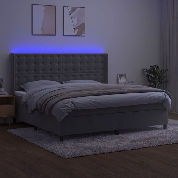 vidaXL Letto a Molle Materasso e LED Grigio Chiaro 200x200 cm Velluto
