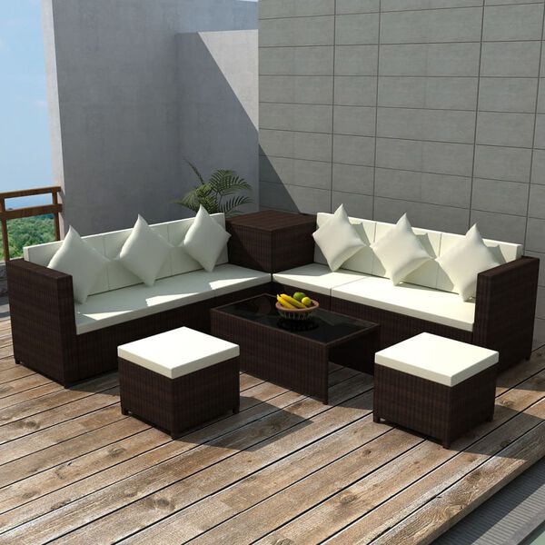 vidaXL Set Divani da Giardino 8 pz con Cuscini in Polyrattan Marrone