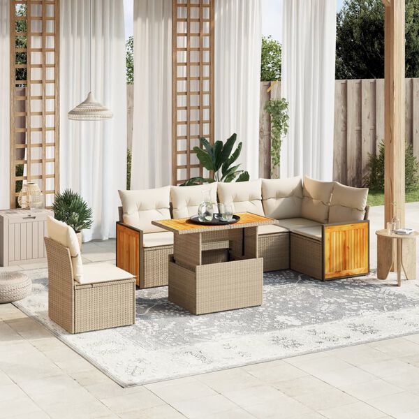 vidaXL Set Divani da Giardino 7 pz con Cuscini Beige in Polyrattan
