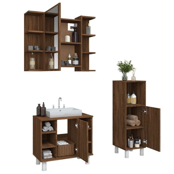 vidaXL Set Mobili da Bagno 3 pz Rovere Marrone in Legno Multistrato