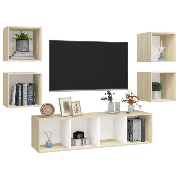 vidaXL Set Mobili TV 5 pz Bianco e Rovere Sonoma in Legno Multistrato