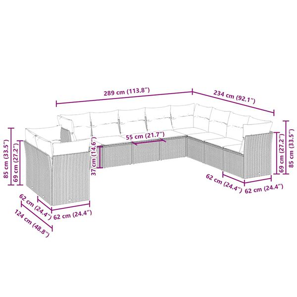vidaXL Set Divano Giardino 10 pz con Cuscini Grigio Chiaro Polyrattan