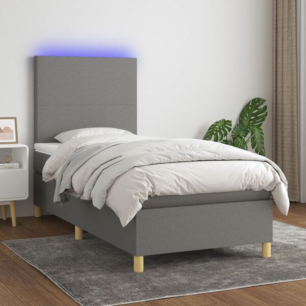 vidaXL Letto a Molle Materasso e LED Grigio Scuro 90x190 cm in Tessuto