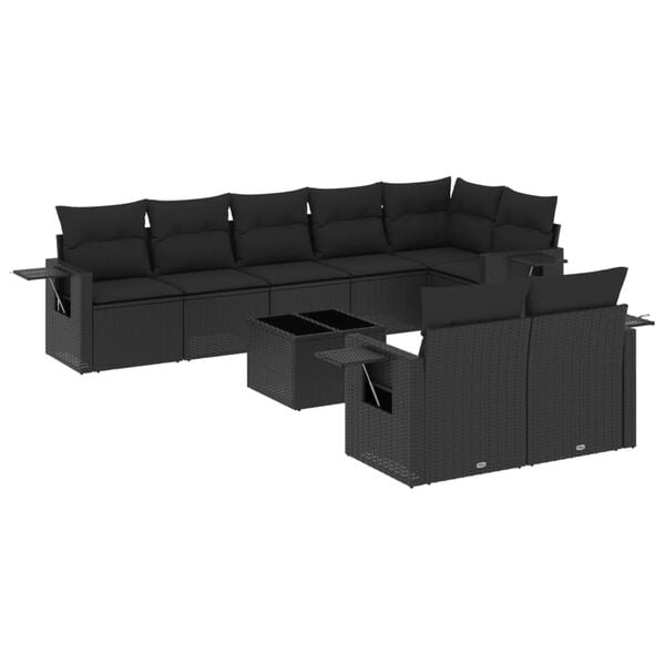 vidaXL Set Divani da Giardino 9 pz con Cuscini Nero in Polyrattan