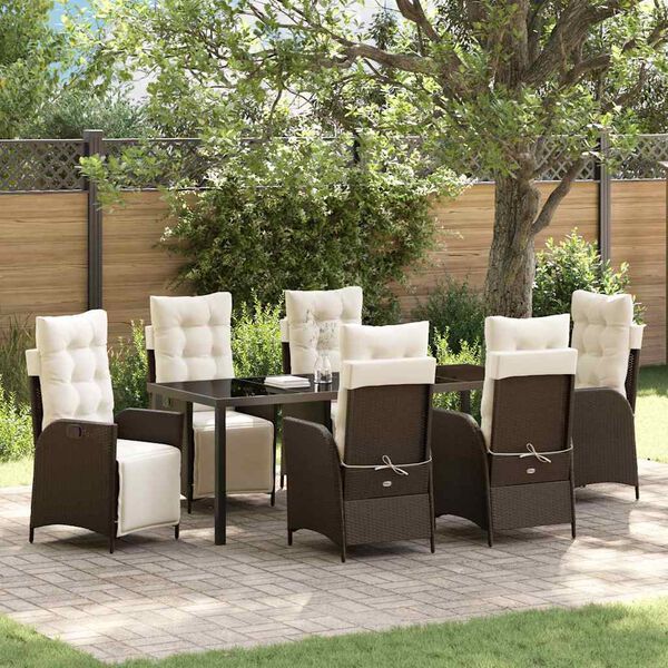 vidaXL Set da Pranzo per Giardino con cuscino 7 pcs Marrone polyrattan