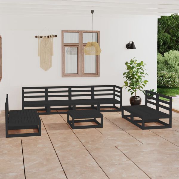 vidaXL Set Divani da Giardino 9 pz Nero in Legno Massello di Pino