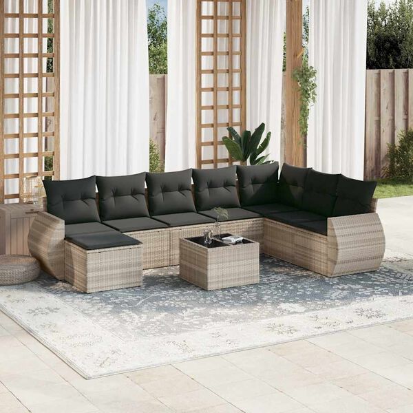 vidaXL Set Divano da Giardino 9pz con Cuscini Grigio Chiaro Polyrattan