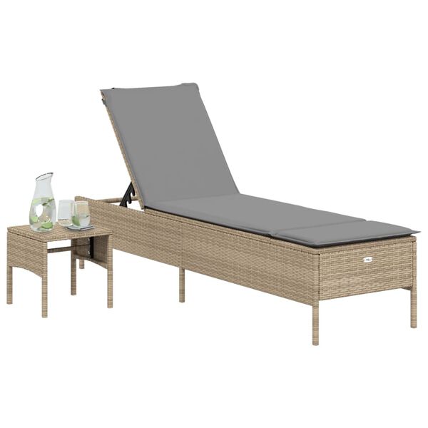 vidaXL Lettino Prendisole con Tavolo e Cuscino Beige in Polyrattan