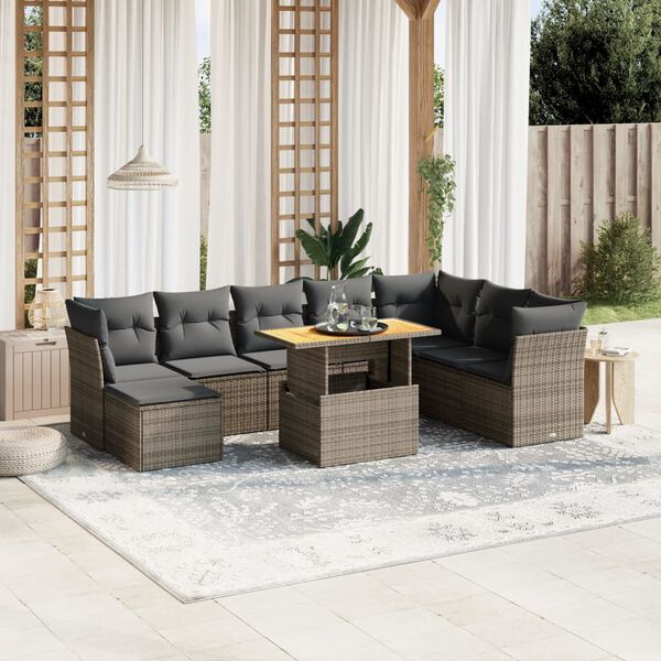 vidaXL Set Divano da Giardino 9 pz con Cuscini Grigio in Polyrattan
