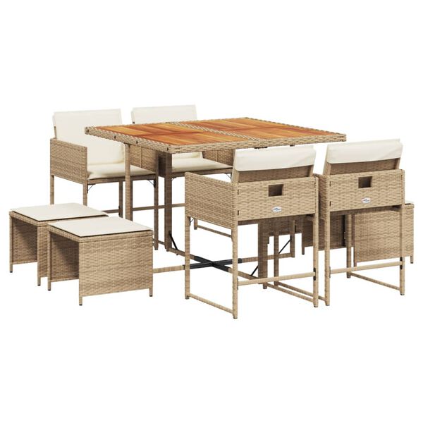 vidaXL Set da Pranzo da Giardino 9 pz con Cuscini Beige in Polyrattan