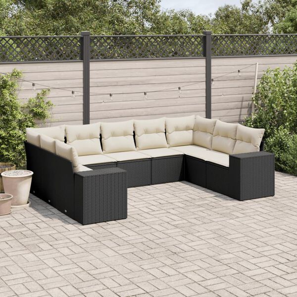 vidaXL Set Divani da Giardino 9 pz con Cuscini Nero in Polyrattan