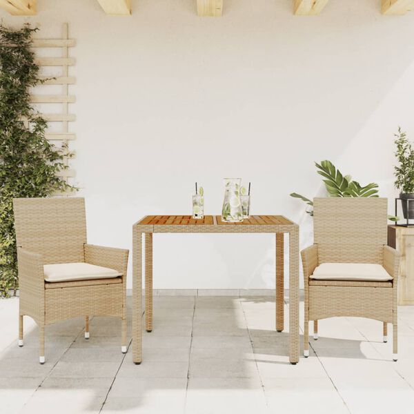 vidaXL Set Pranzo da Giardino 3 pz con Cuscini Beige Polyrattan Acacia