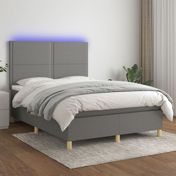 vidaXL Letto a Molle Materasso e LED Grigio Scuro 140x190cm in Tessuto