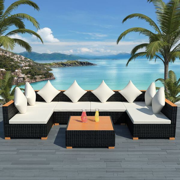 vidaXL Set Divani da Giardino 7 pz con Cuscini in Polyrattan Nero