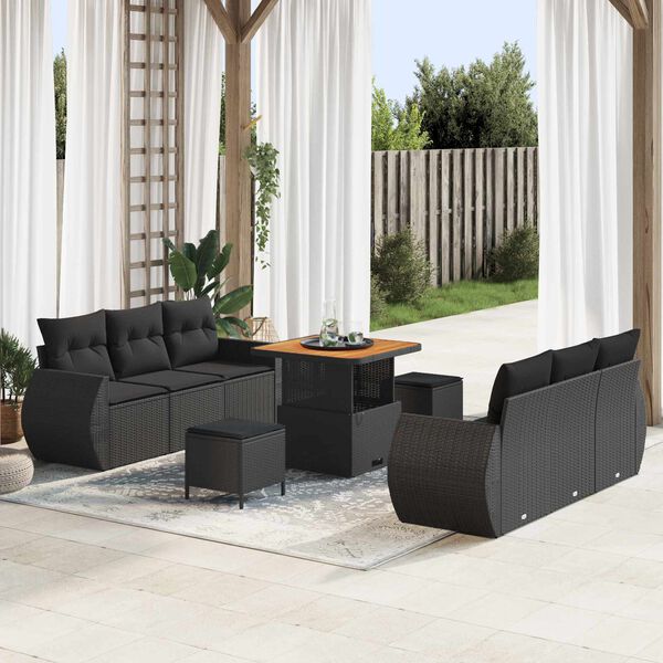 vidaXL Set Divano da Giardino con cuscino 9 pcs Nero polyrattan
