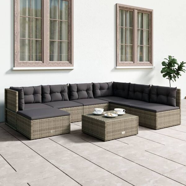 vidaXL Set Divani da Giardino 7 pz con Cuscini in Polyrattan Grigio