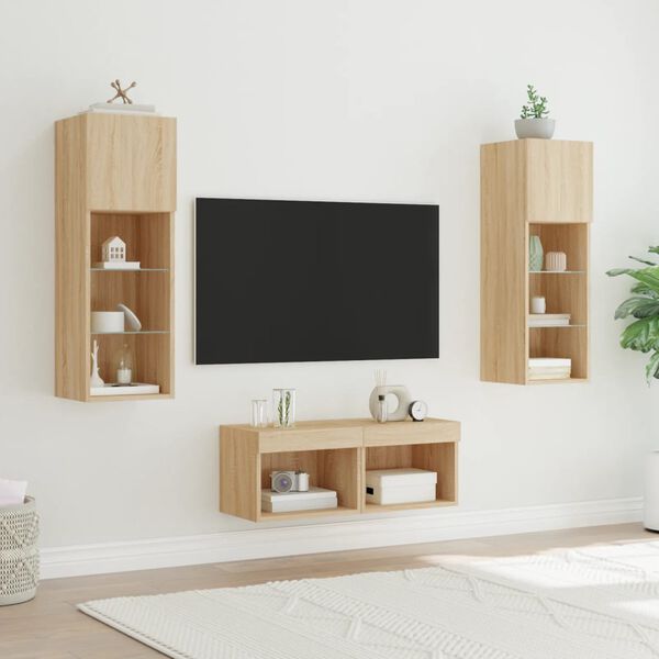 vidaXL Mobili TV a Muro 4pz con Luci LED Rovere Sonoma
