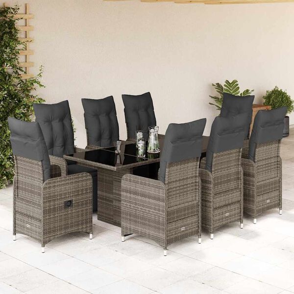 vidaXL Set Bistr&ograve; da Giardino 9 pz con Cuscini in Polyrattan Grigio