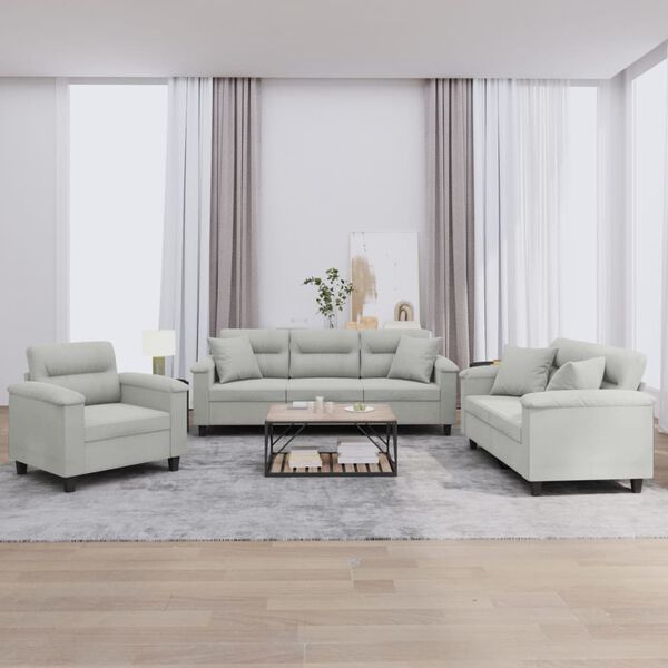 vidaXL Set Divani 3 pz con Cuscini Grigio Chiaro in Tessuto Microfibra