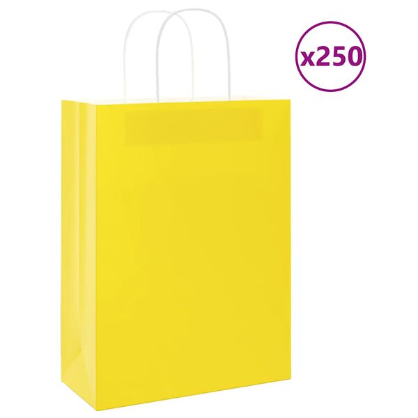 vidaXL Sacchetti di Carta 250 pz con Manici Gialli 26x12x35 cm