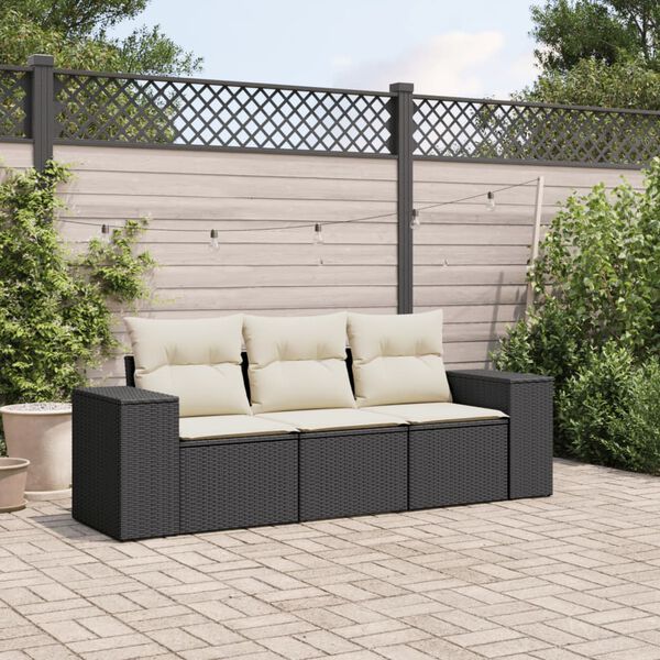 vidaXL Set Divani da Giardino 3 pz con Cuscini in Polyrattan Nero