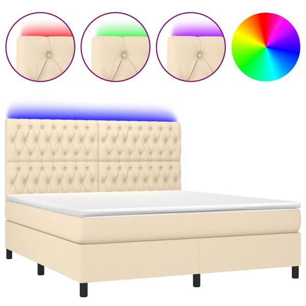 vidaXL Letto a Molle con Materasso e LED Crema 180x200 cm in Tessuto