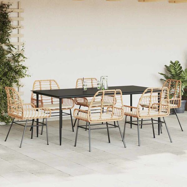 vidaXL Set Pranzo da Giardino 7pz con Cuscini Marrone Polyrattan Vetro