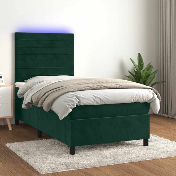 vidaXL Letto a Molle con Materasso e LED Verde Scuro 80x200cm Velluto