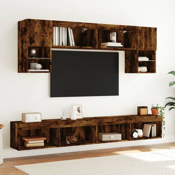 vidaXL Mobili TV a Muro con LED 6pz Rovere Fumo in Legno Multistrato