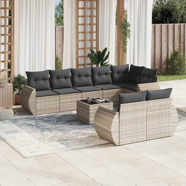 vidaXL Set Divano da Giardino 9pz con Cuscini Grigio Chiaro Polyrattan