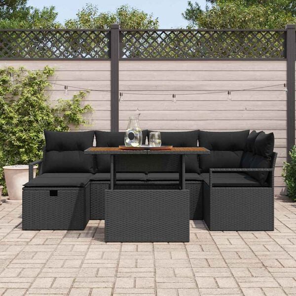 vidaXL Set Divano da Giardino con cuscino 7 pcs Nero polyrattan